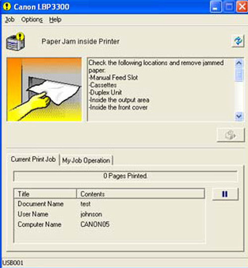 máy tính báo lỗi máy in canon 3300 kẹt giấy